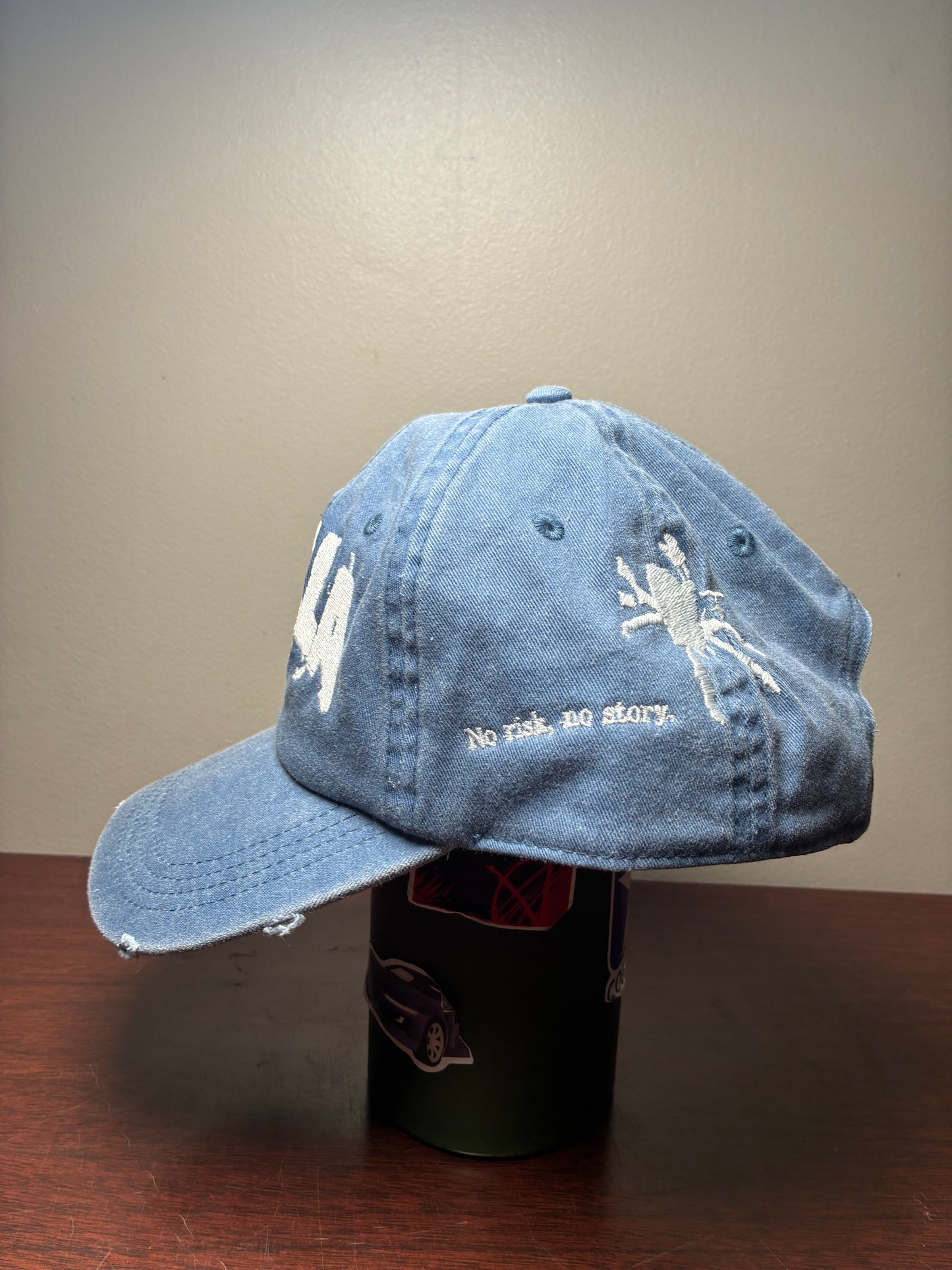 'NO RISK NO STORY' dyed raw-edge patch baseball cap - DENIM